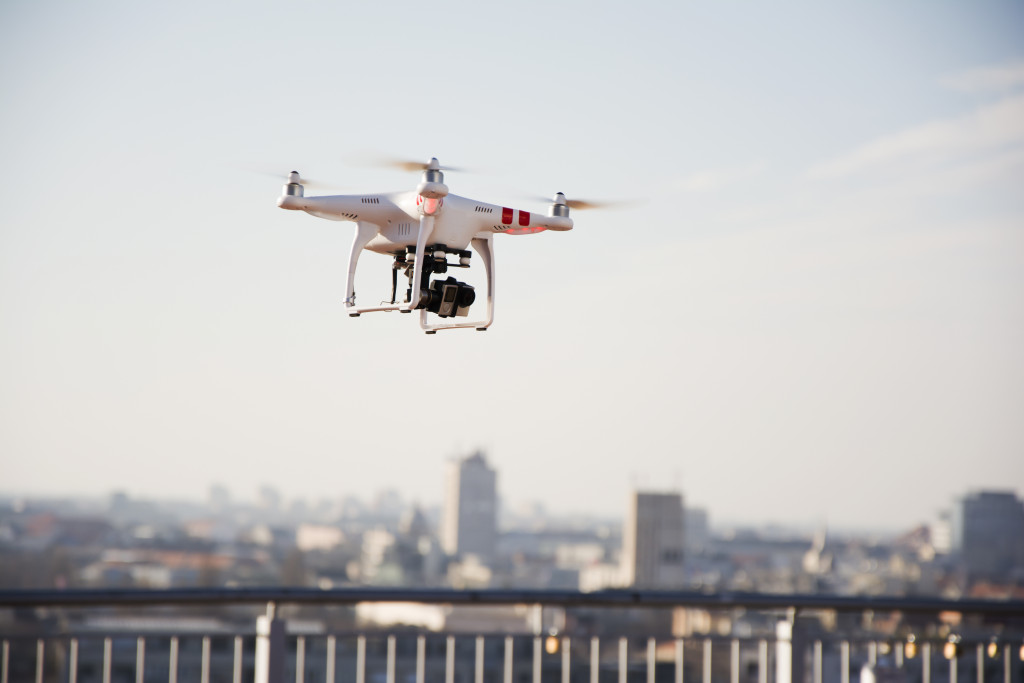 A drone flying over a city