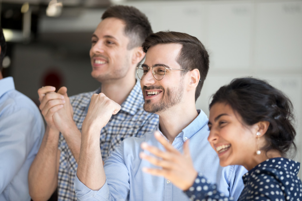 office workers happy and smiling