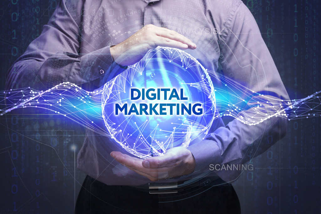 A blue DIGITAL MARKETING sphere